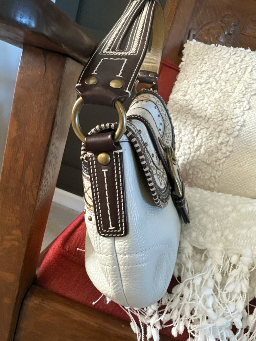 VTG Coach Soho Leather Y2K Studded Stitched Shoulder Flap Bag Chalk 10479 - Picture 8 of 16
